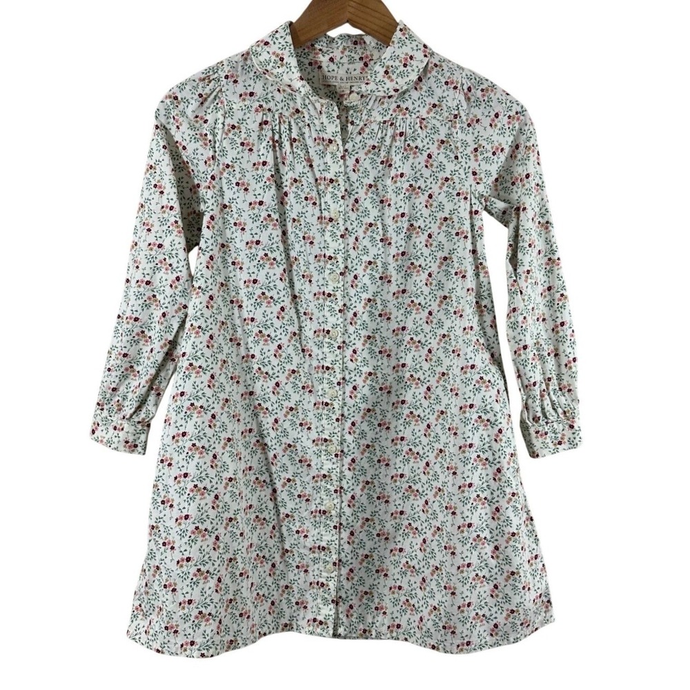 Hope & Henry Girls Floral Organic Cotton Long Sleeve Shirt Dress Cream Size 8